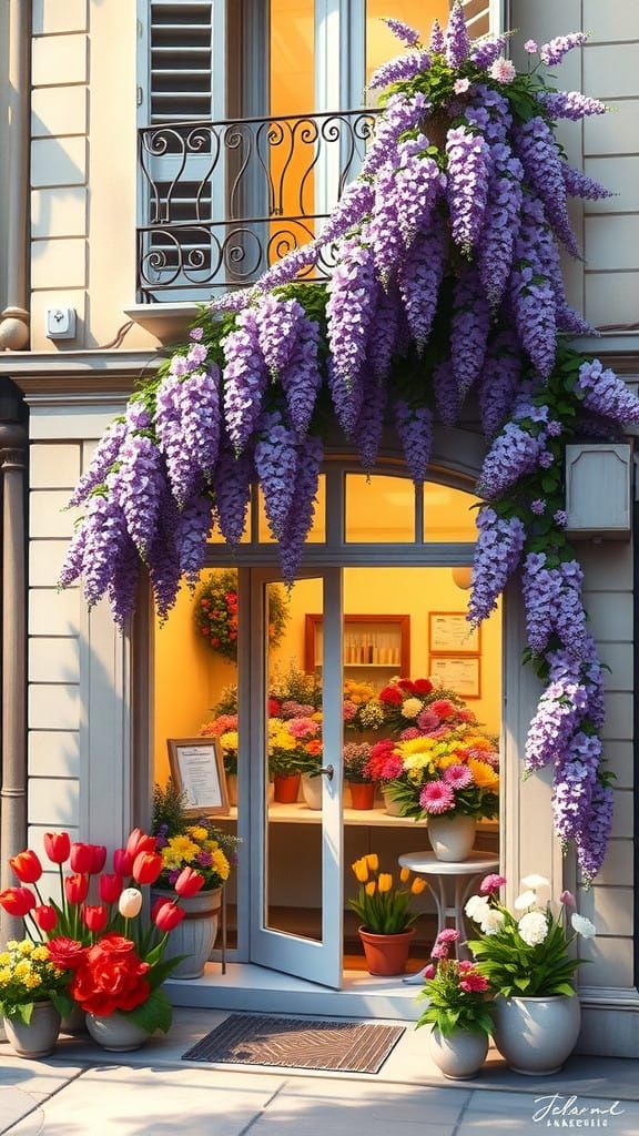 Whimsical Parisian Flower Shop in Soft Golden Light