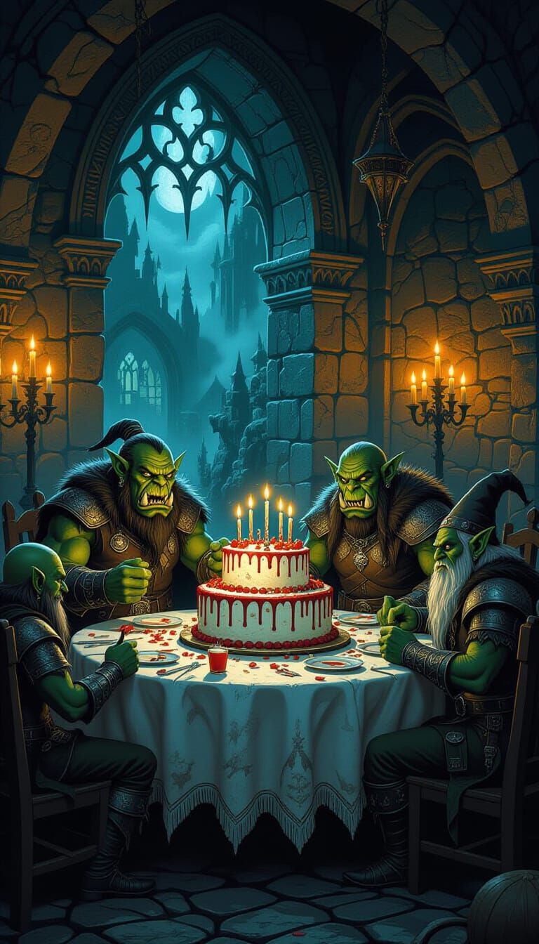 Orcs and Goblins Celebrate Grim Birthday in Dark Fantasy Art