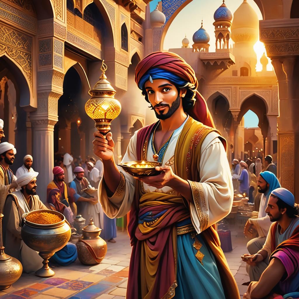 Aladdin's Magic Lamp in Middle Eastern Marketplace