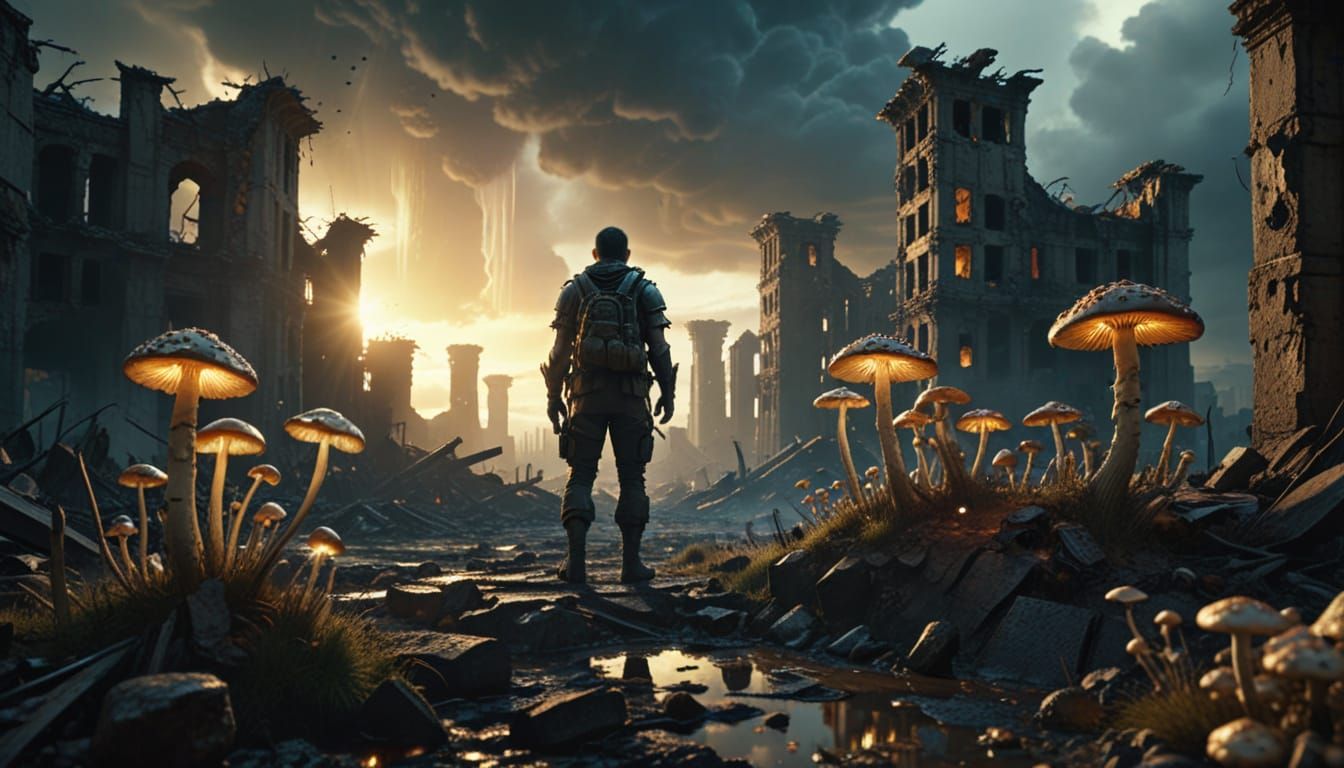 Apocalyptic Figure in Ruined City, Surreal Art