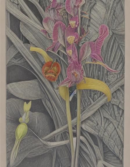 Botanical Drawing of Carnivorous Orchid in Rich Color