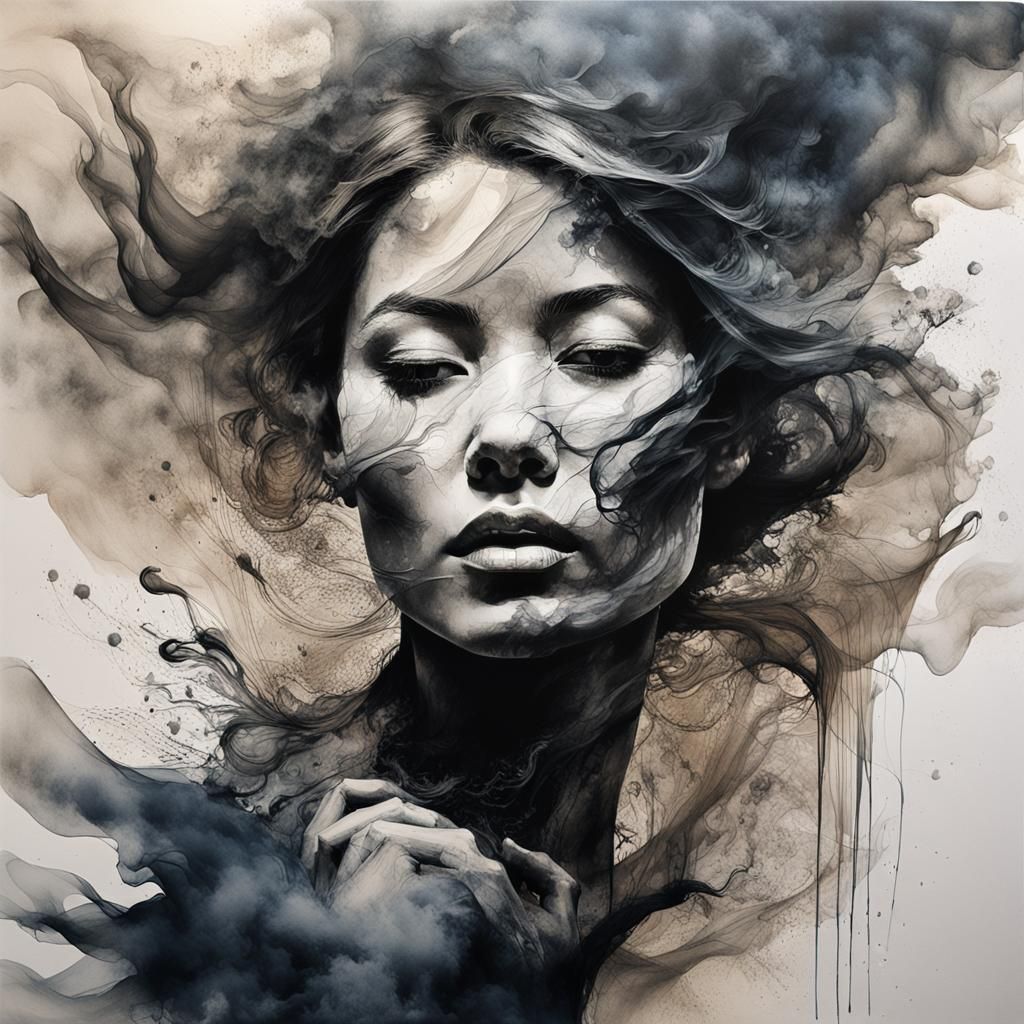 Ink Portrait: Woman in Smoky Sculpture