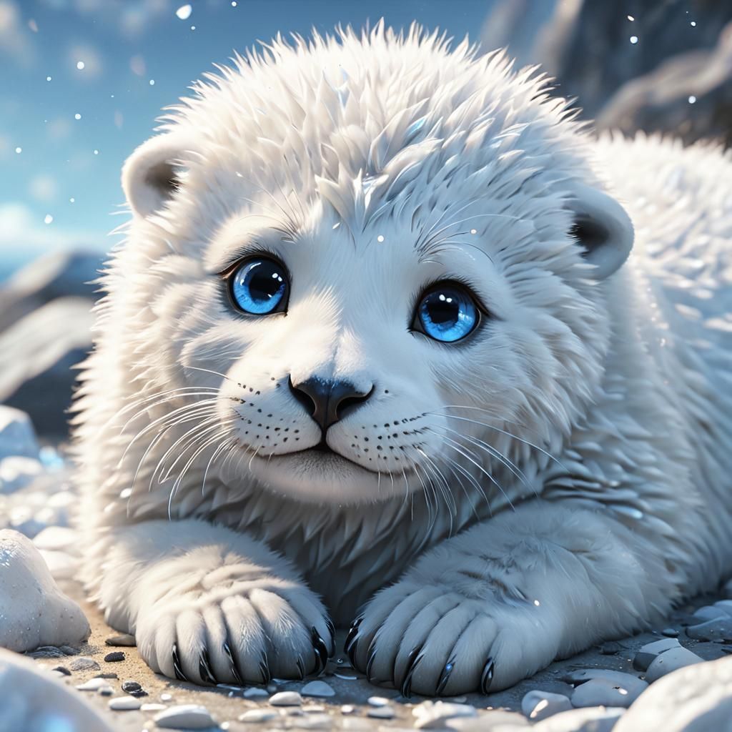 White Seal Cub with Teary Eyes: Anime 3D Art