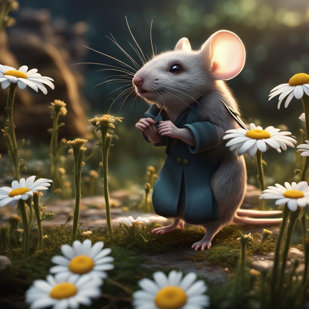 Mouse Smelling Daisy in Detailed Matte Painting