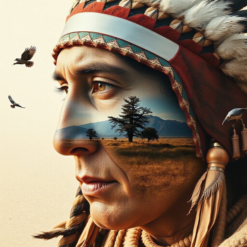Create a closeup double exposure Native American's face, pla...
