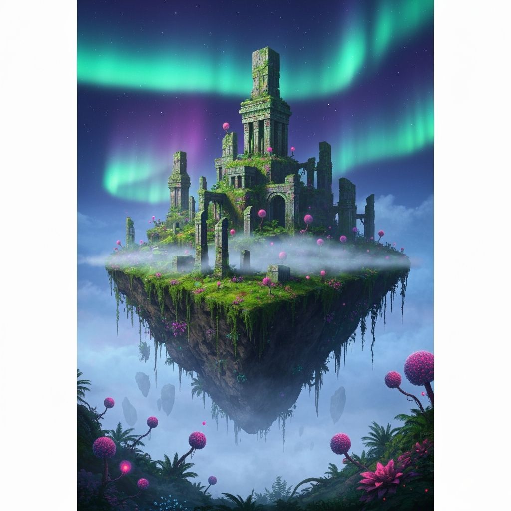 Floating Island Jungle Ruins with Luminous Flora in Twilight