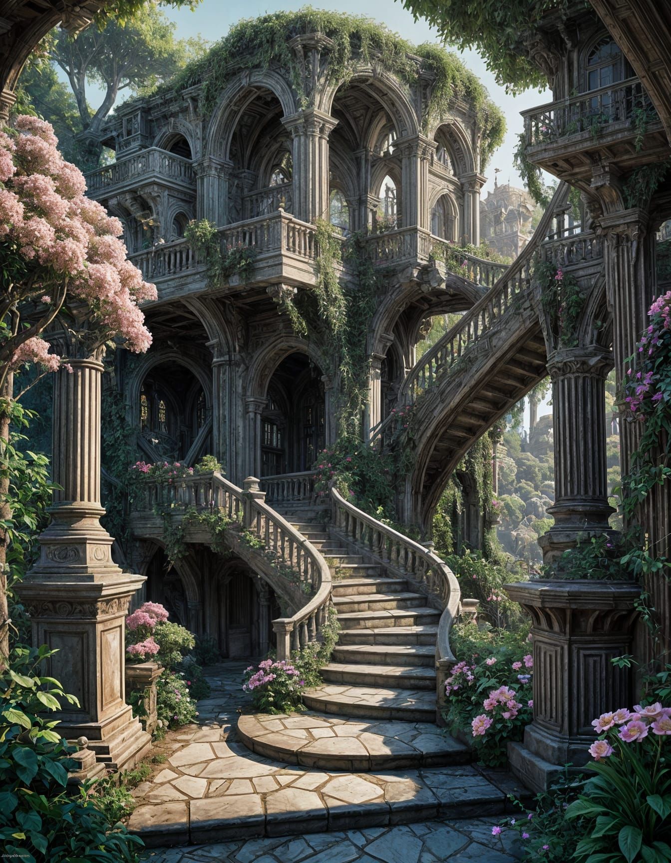 Surreal Garden Oasis in Impossible Architecture Style