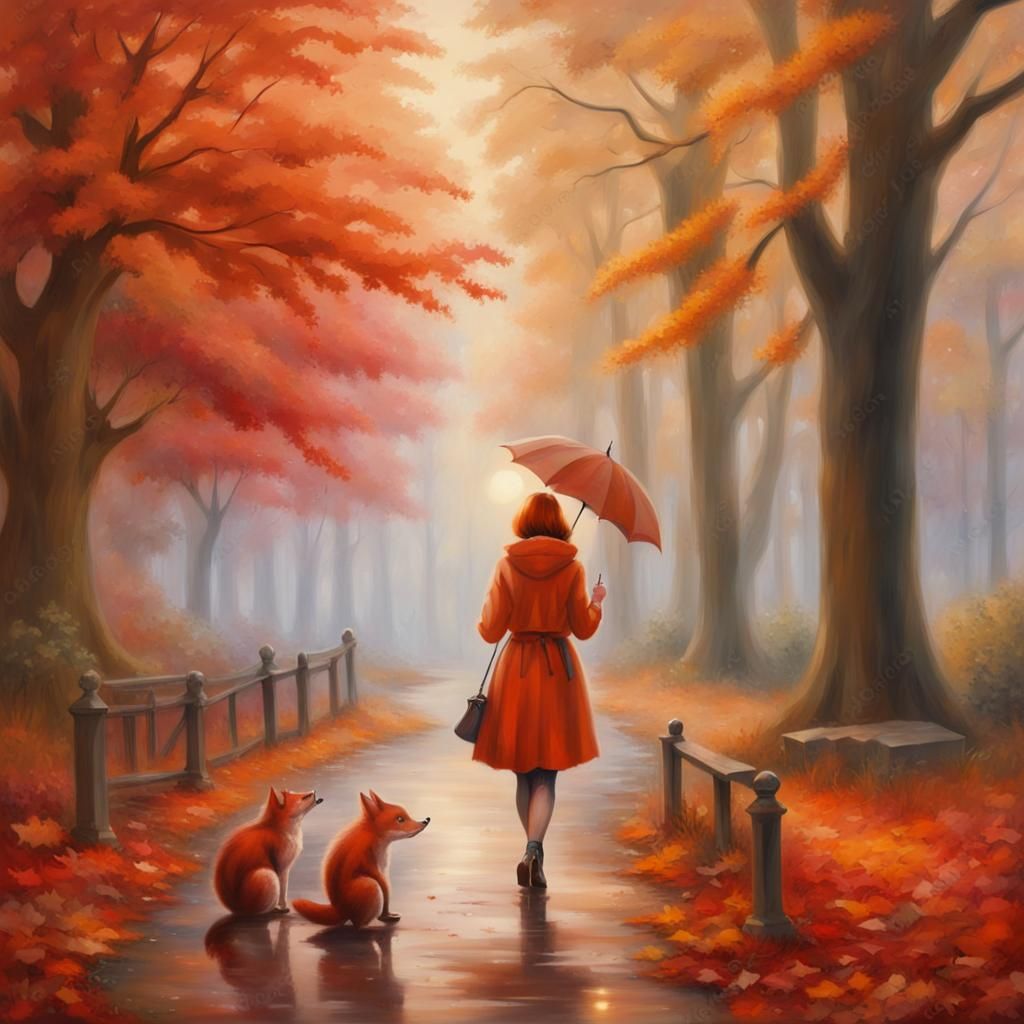 Autumn Park Scene in Thomas Kinkade Style