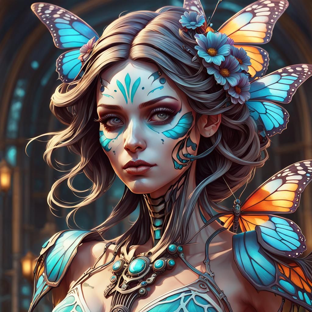 Butterfly Skeleton Girl Portrait in Digital Art Style
