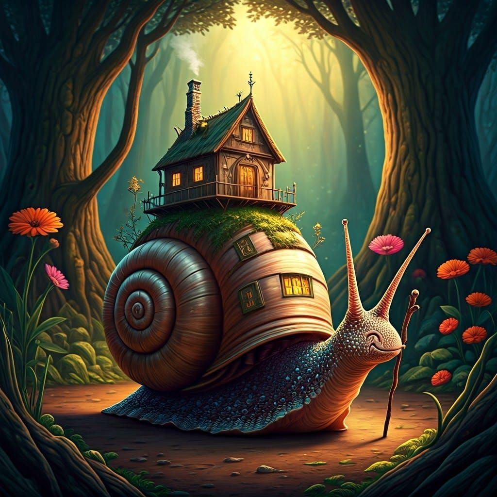 Whimsical Snail's Enchanted Abode in Mystical Forest