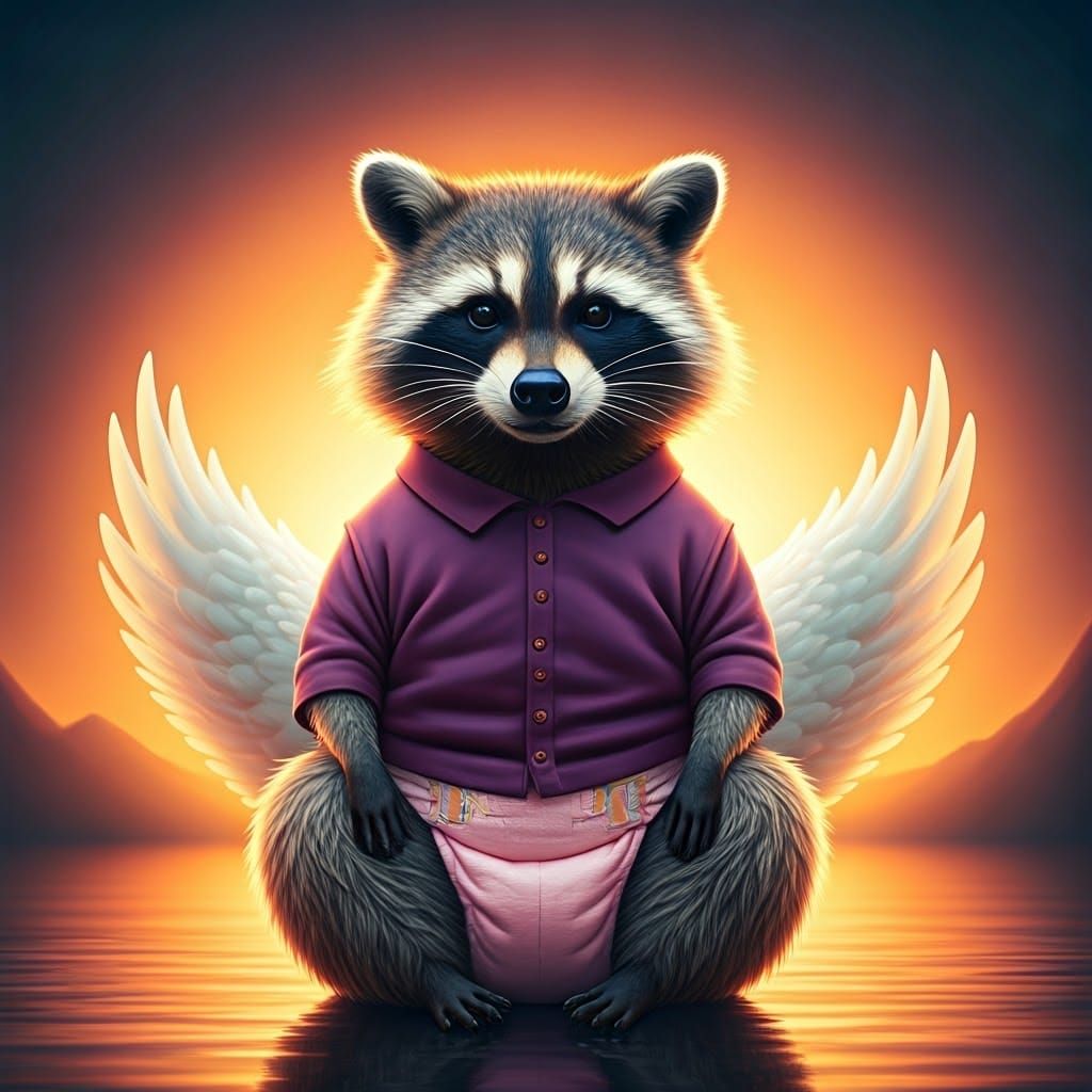 Majestic Raccoon-Swan Hybrid in Vibrant Sunset Attire