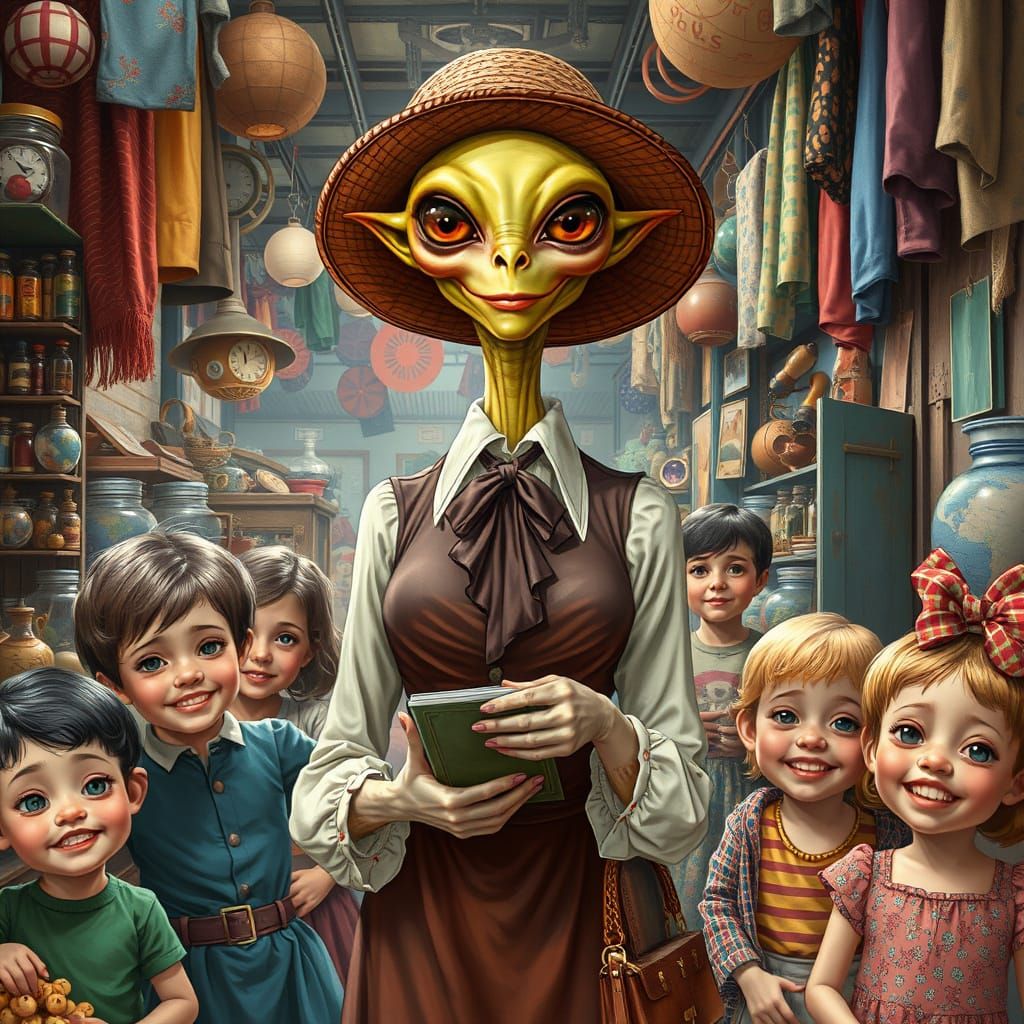 Alien Teacher in Flea Market, Pin-Up Realism