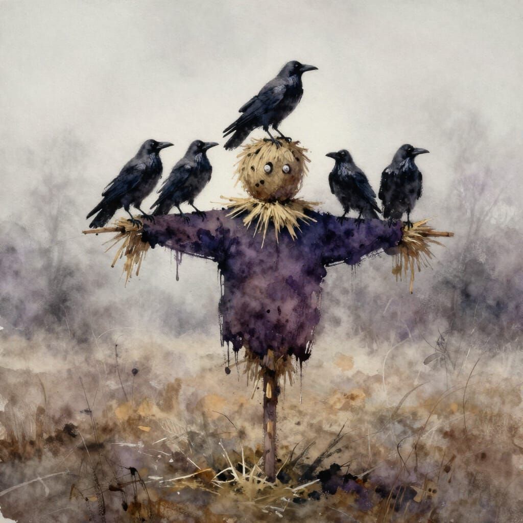 Watercolor Crows on Scarecrow in Foggy Field