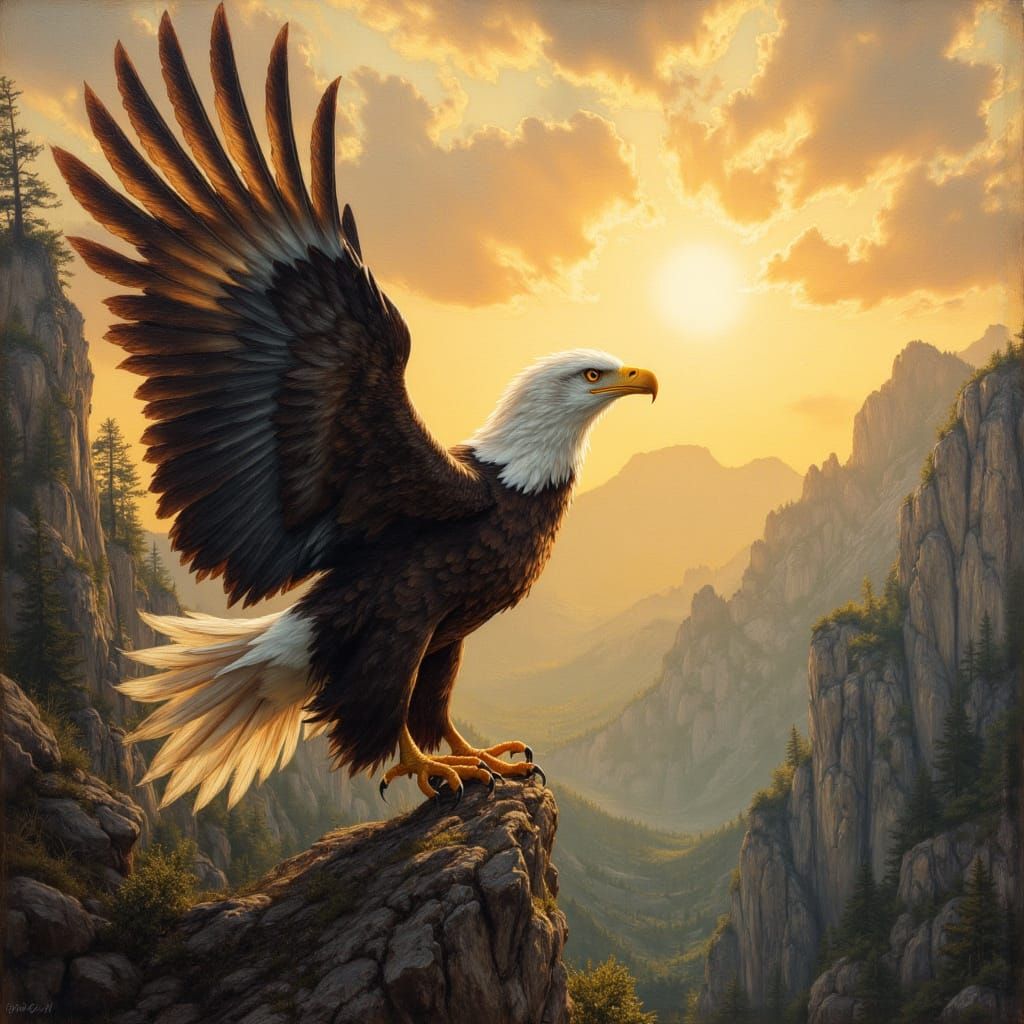 Majestic Bald Eagle Soaring Over Mountains in Golden Light