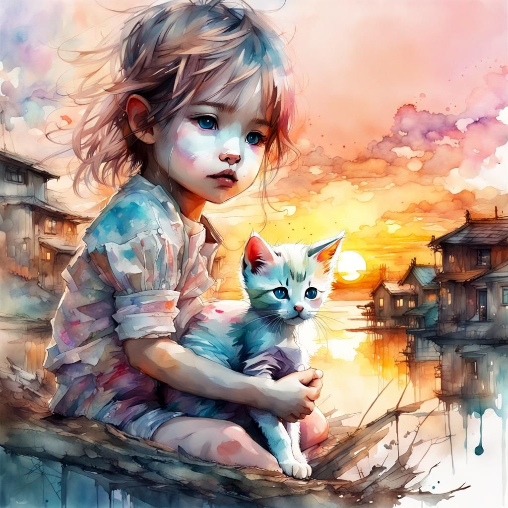 Chibi Kitten in Watercolor Fantasy Sunset