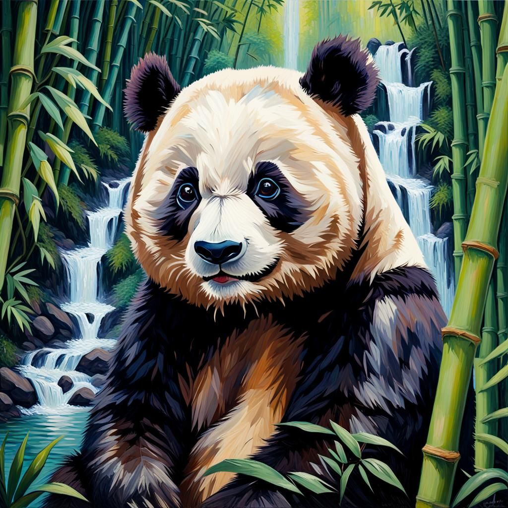 Panda Bear in Bamboo Forest: Expressionist Oil Painting