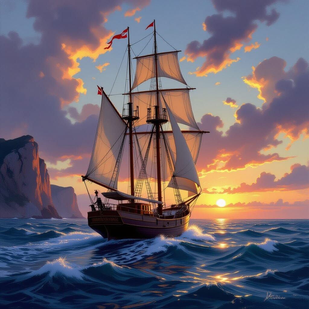 Sailing Ship at Sunset in Romanticism Style