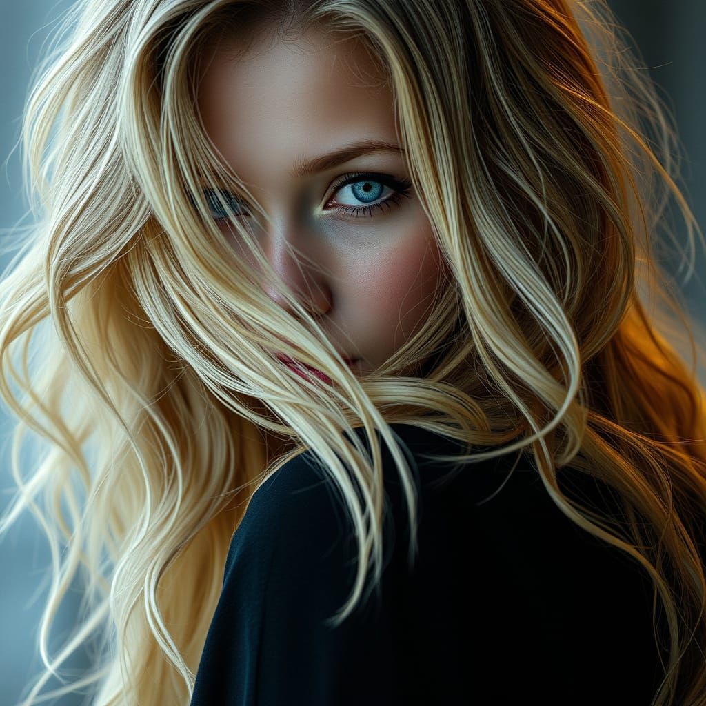 Alluring Young Woman Looking Through Wavy Hair