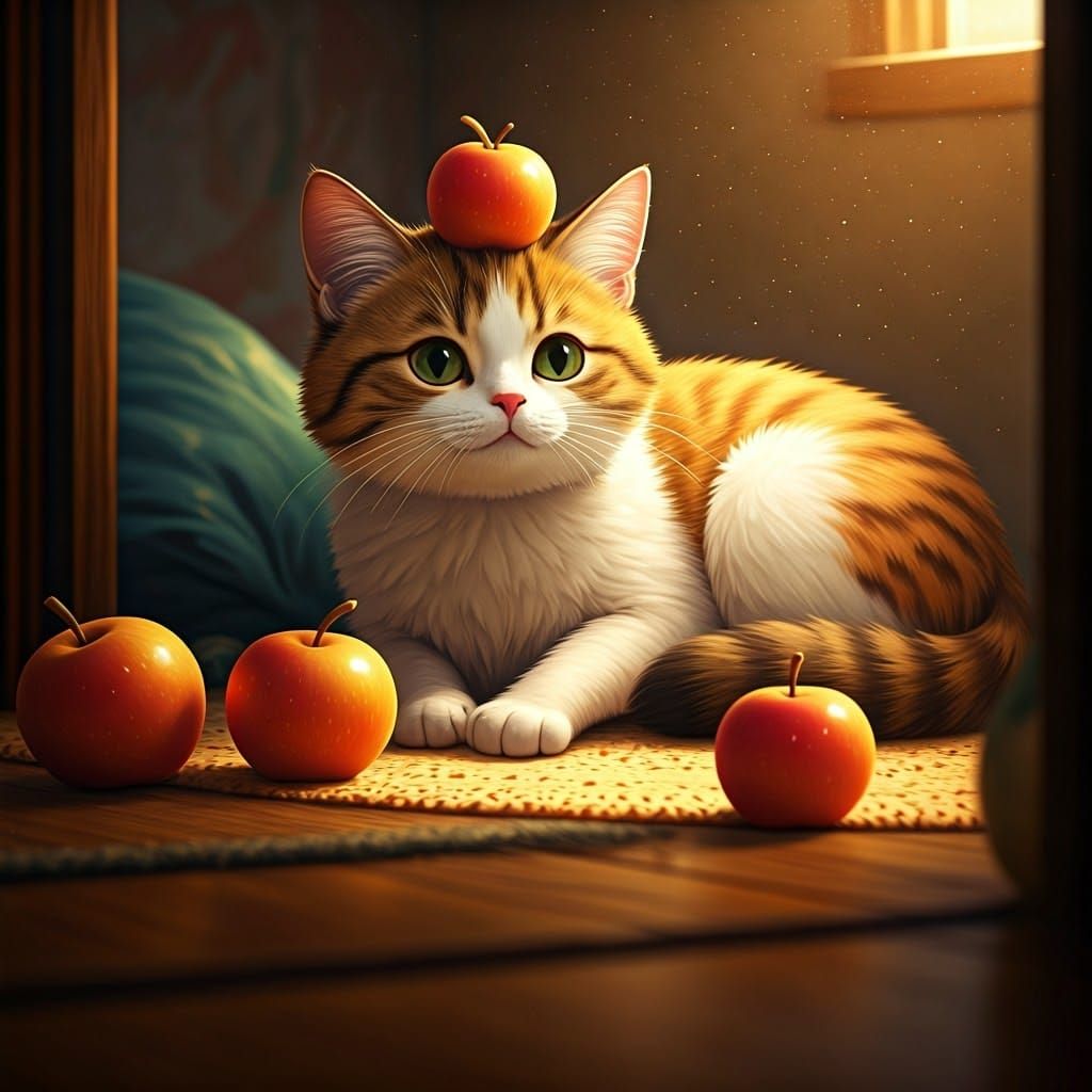 Cozy Home Scene with Apple Cat and Kitten Playtime in 3D Ani...