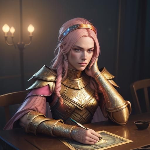 Pink-Haired Tarot Reader with Phoenix, Fantasy Art