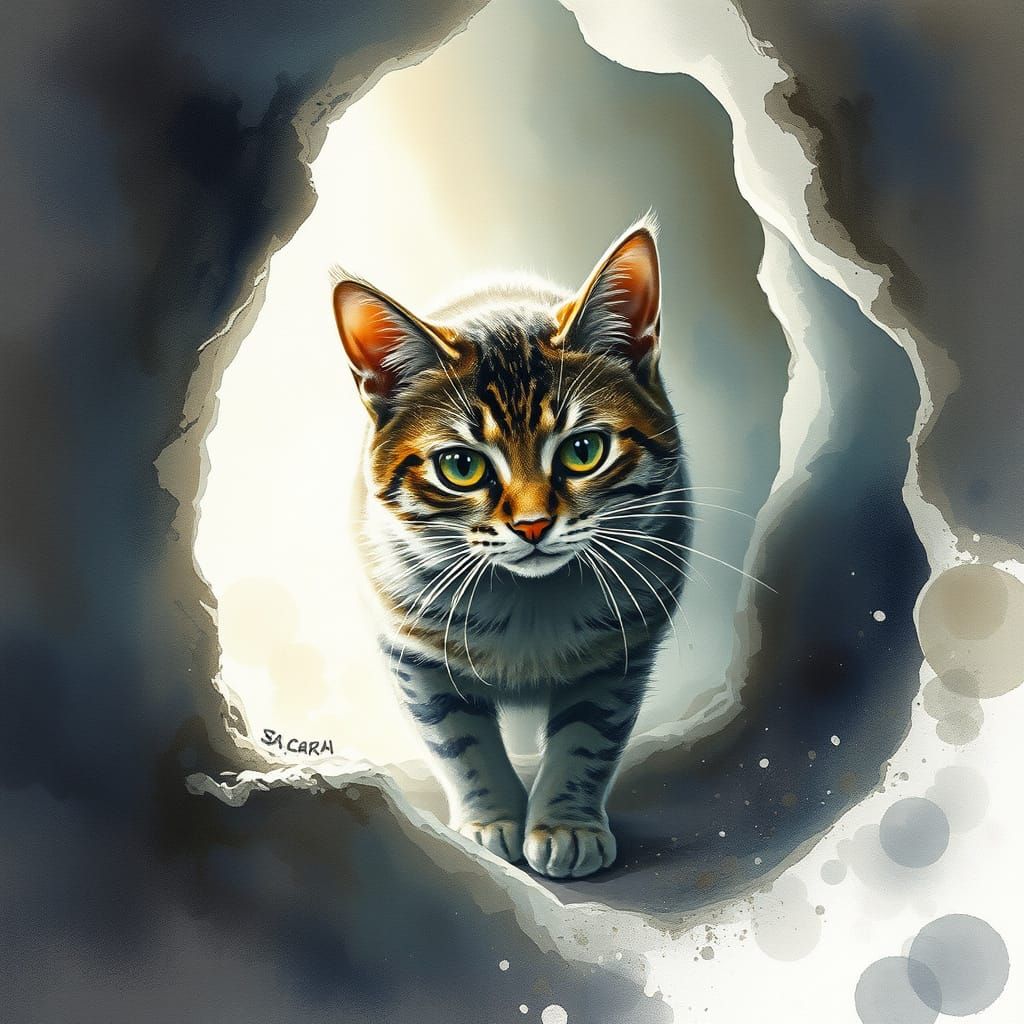 Whimsical Cat Enters Mysterious Crypt in Delicate Watercolou...