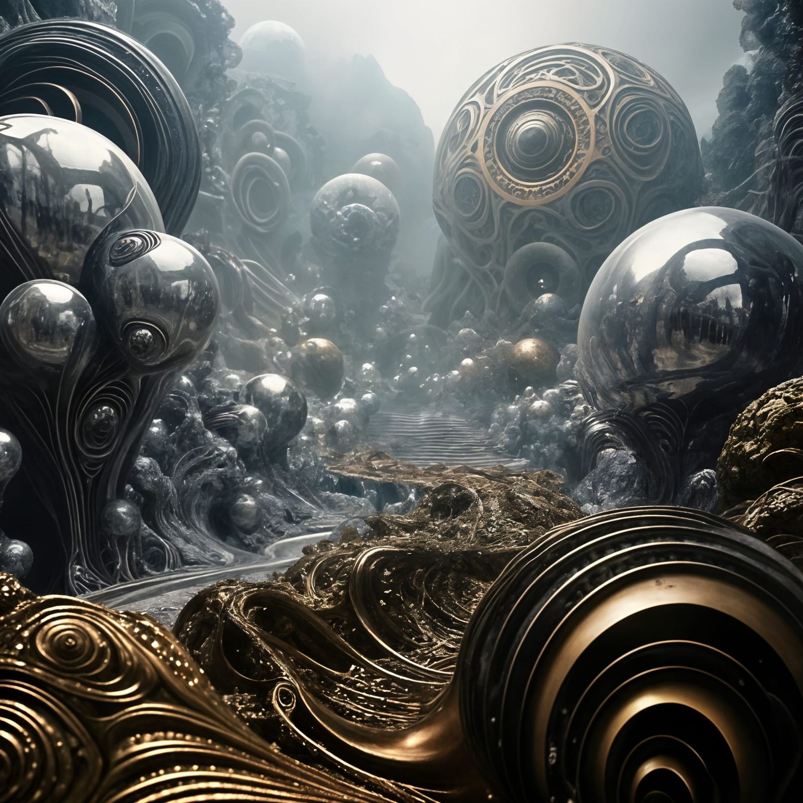 Eerie Psychedelic Landscape in Silver and Bronze