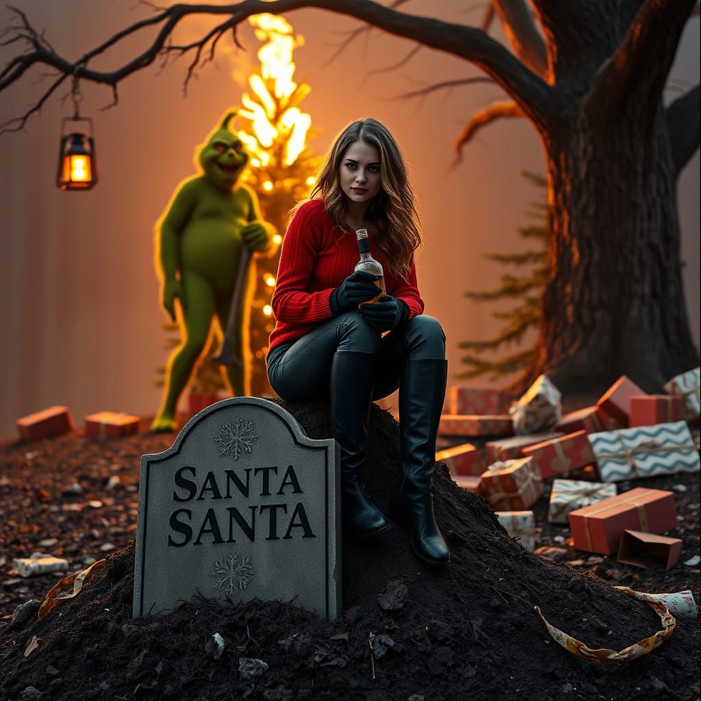 Sinister Santa's Graveyard Scene in Crimson and Black
