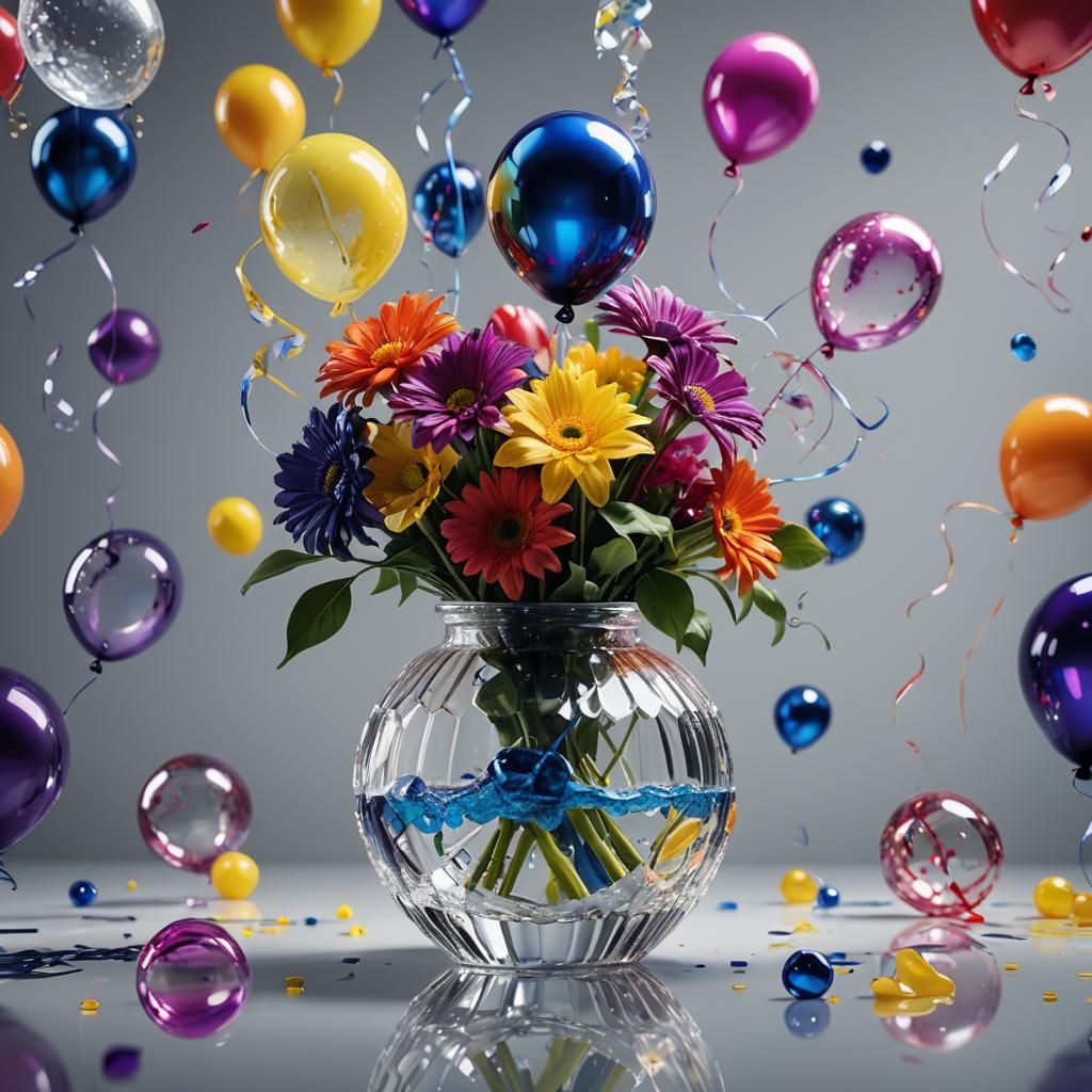 Colorful Flowers and Balloons in Hyperrealistic Splash Art
