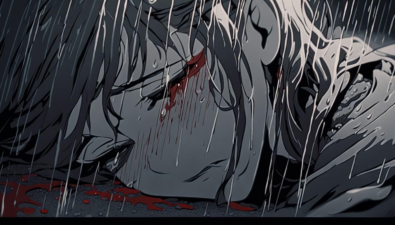 Anime Girl Weeping in Rain: Dark Gothic Art