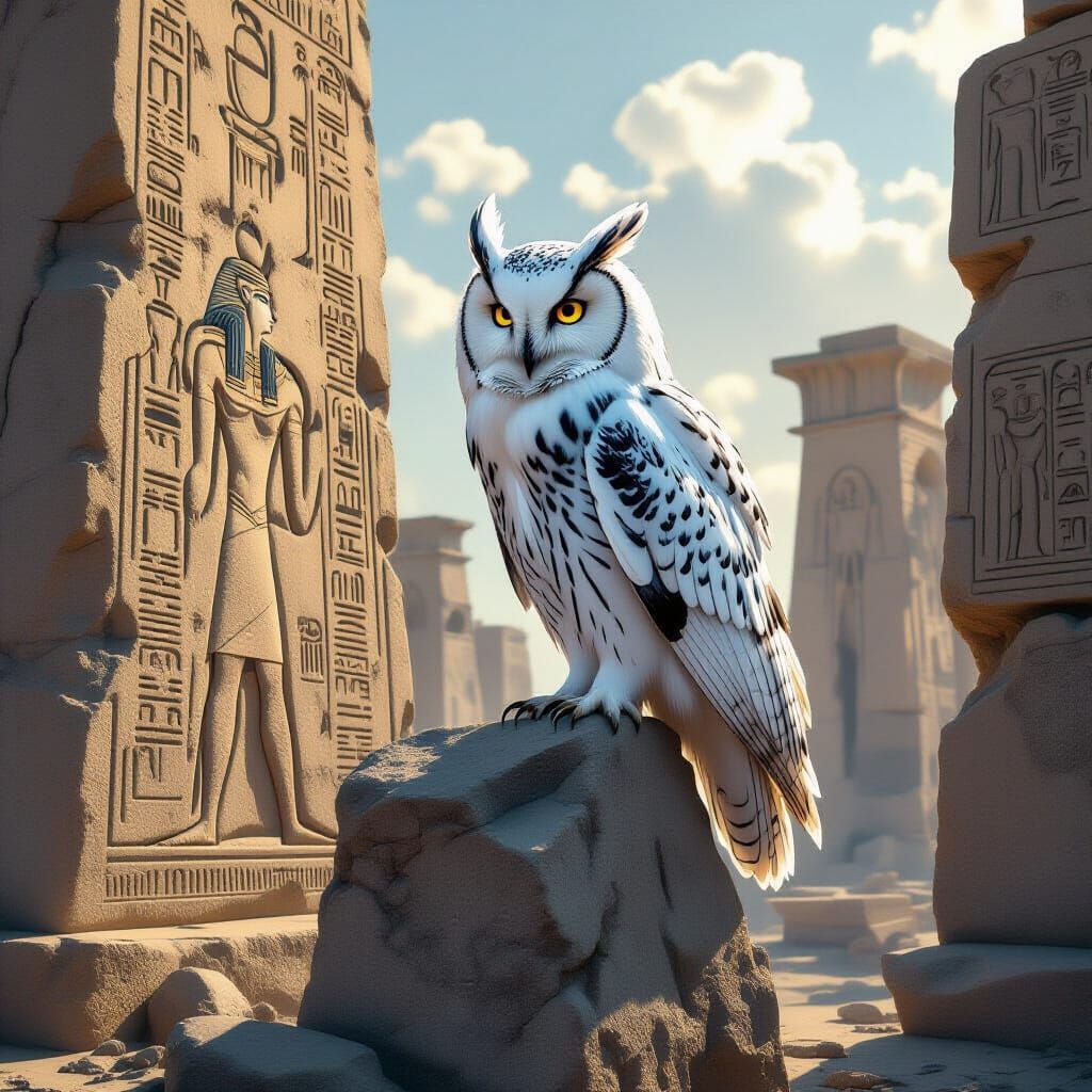 Majestic White Owl on Ancient Egyptian Obelisk
