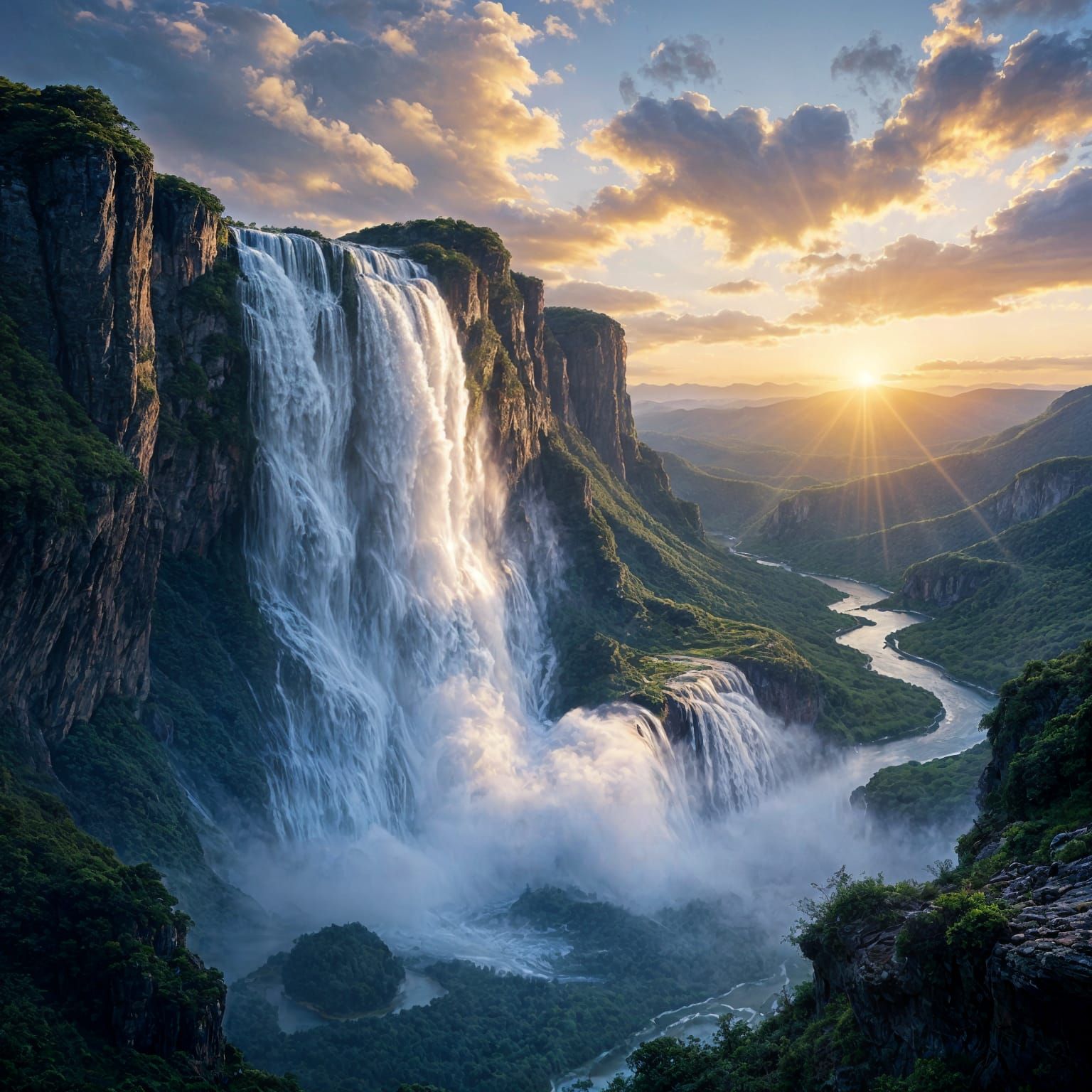 Nebula Waterfall Cascading Down Mountain in Hyperrealism