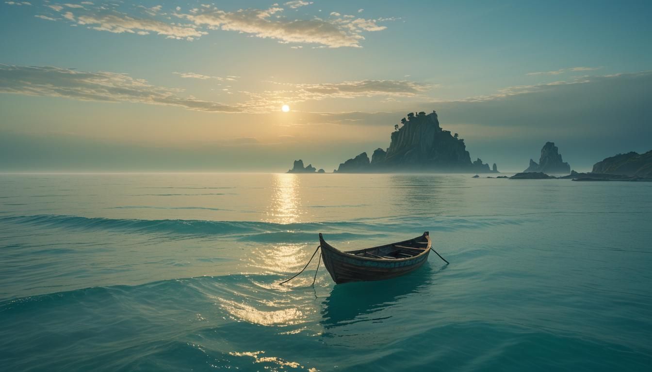 Wooden Boat on Turquoise Sea in Fantasy Style