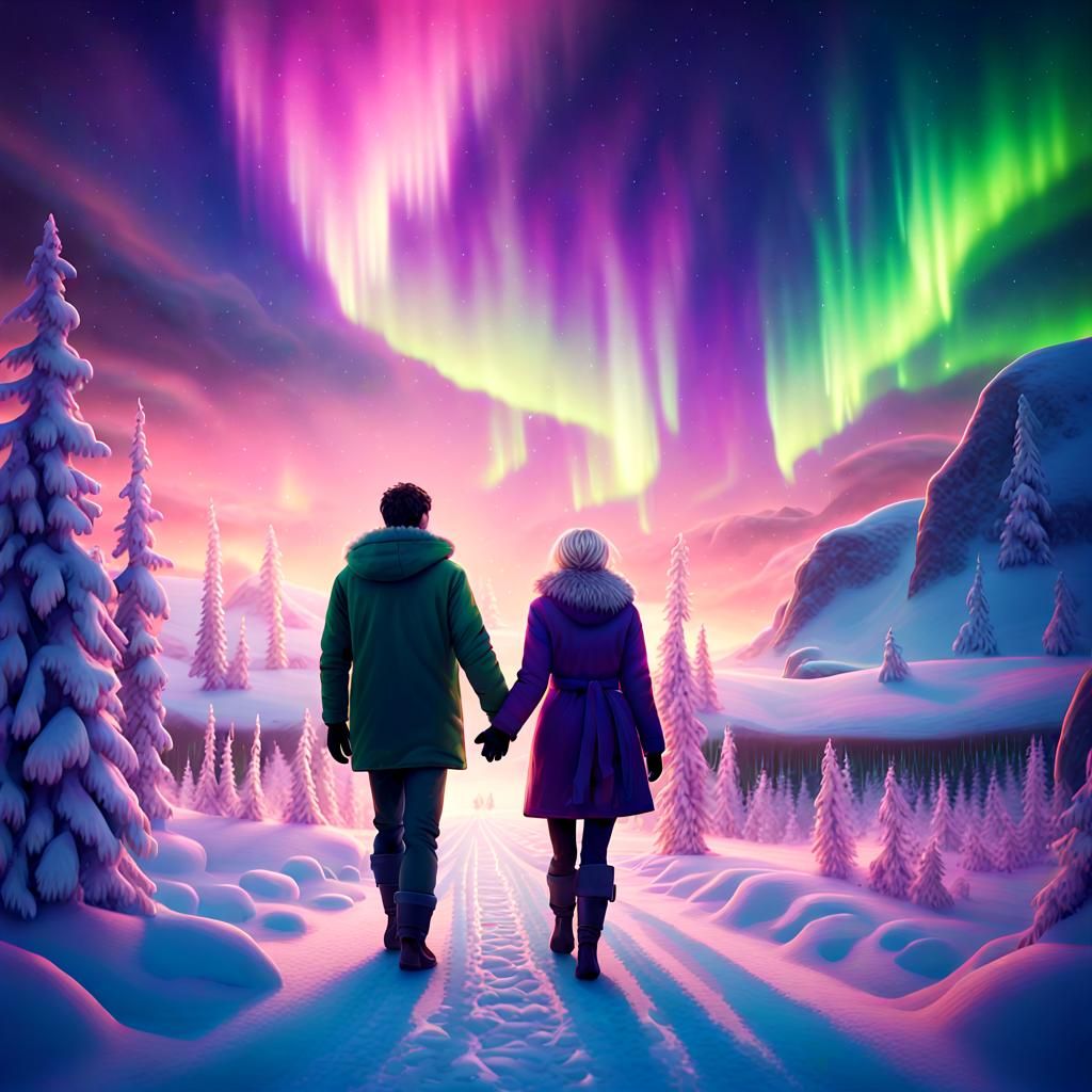 Whimsical Couple Under Vibrant Northern Lights in Norway