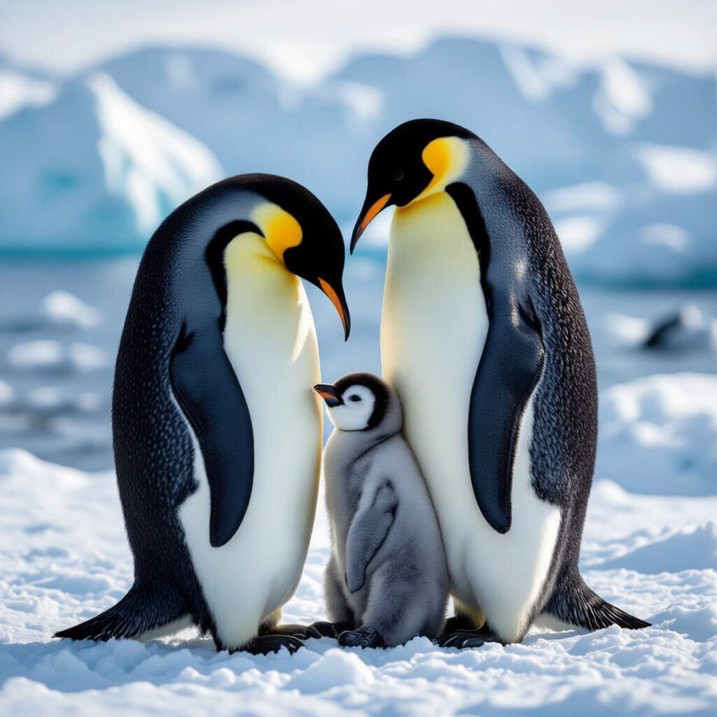 Emperor Penguin Family Bonding on Icy Shore