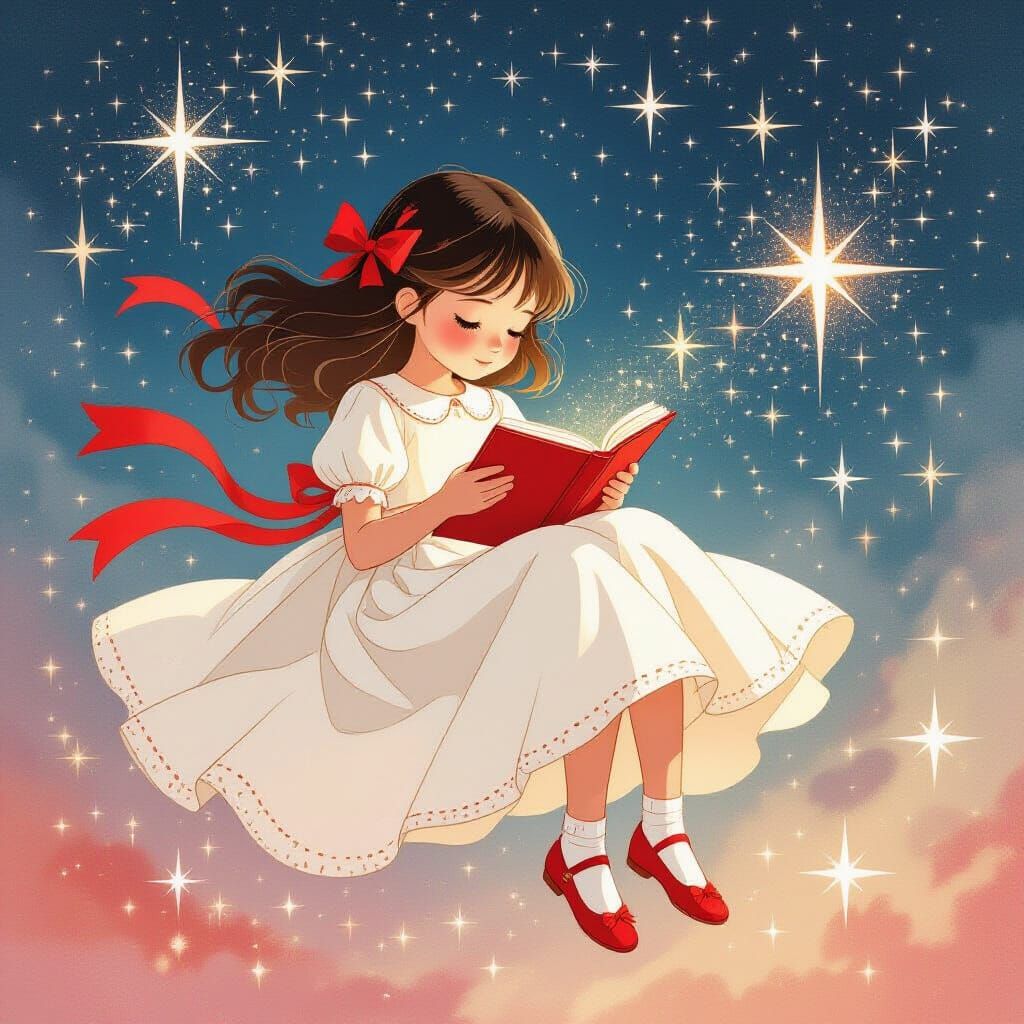Girl Reading Among Stars in Dreamy Ethereal Style