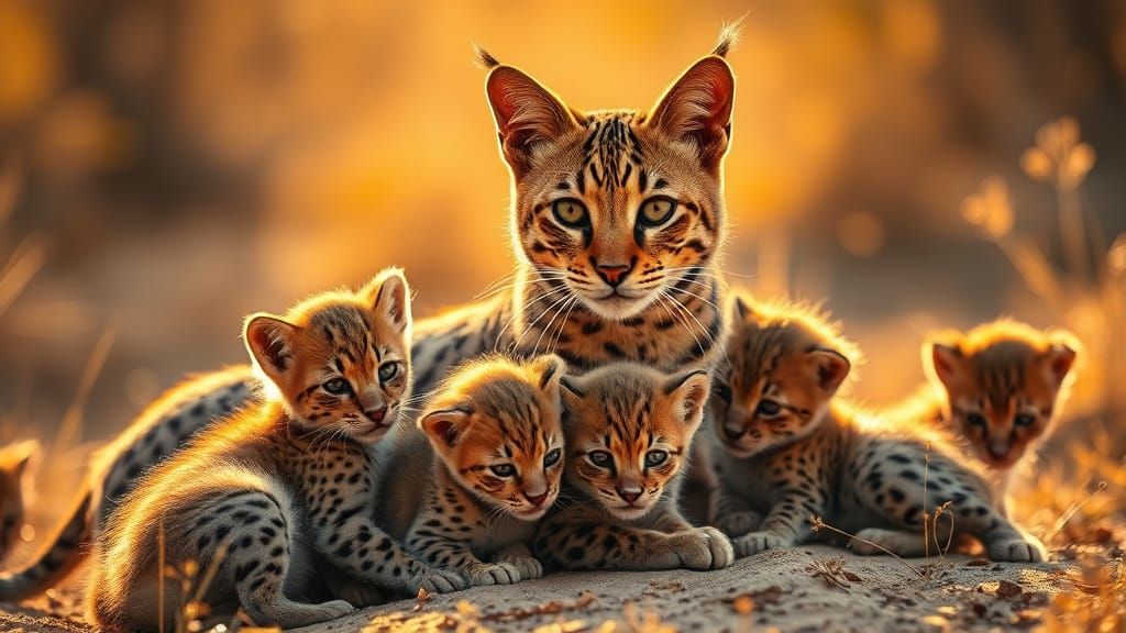 Savannah Cat Mother and Cubs in Summer Landscape Photography