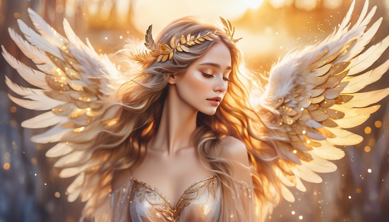 Whimsical Watercolor Portrait of a Woman with Golden Wings i...