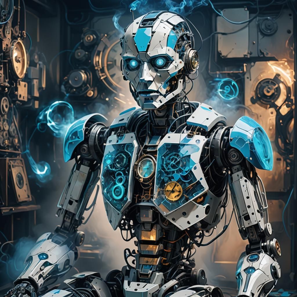Cubist Robot Portrait with Neon Circuits