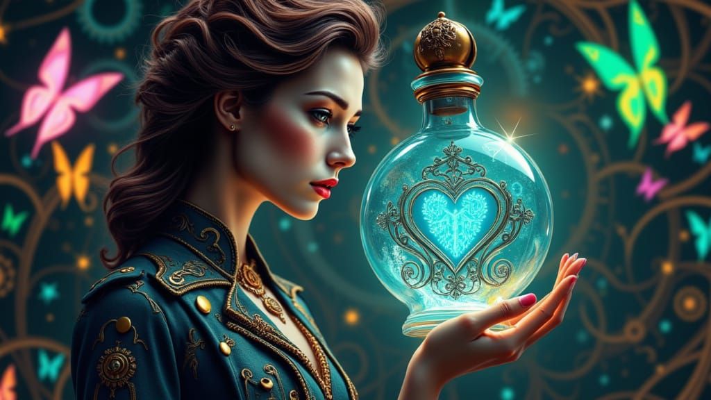 Steampunk Lady Contemplates Enchanted Bottle with Glowing He...