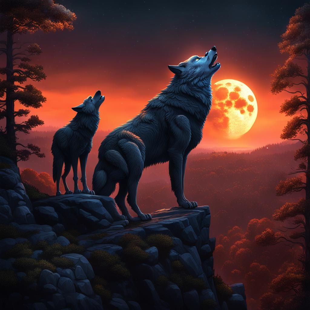 Wolf Howling at Moonlit Cliff Edge