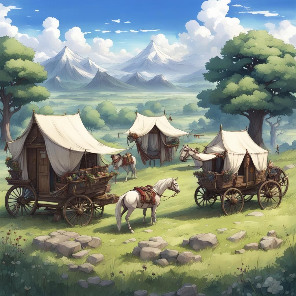 Medieval Caravan Camp in Anime Style