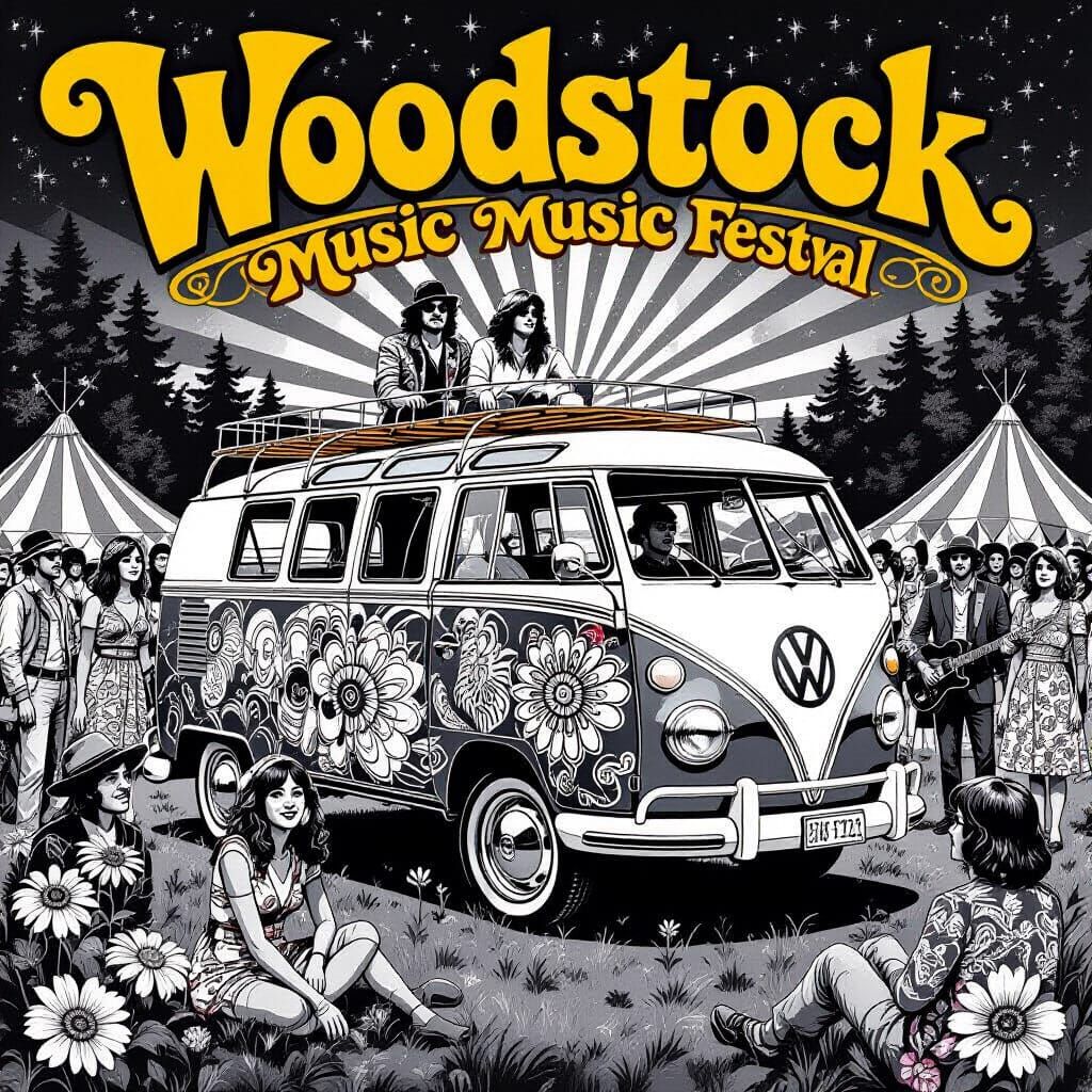 Psychedelic Woodstock Festival in Retro Illustration Style