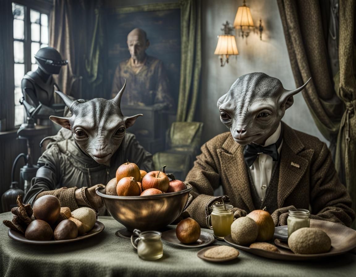 Surreal Alien Restaurant Celebration in Hyperreal Detail