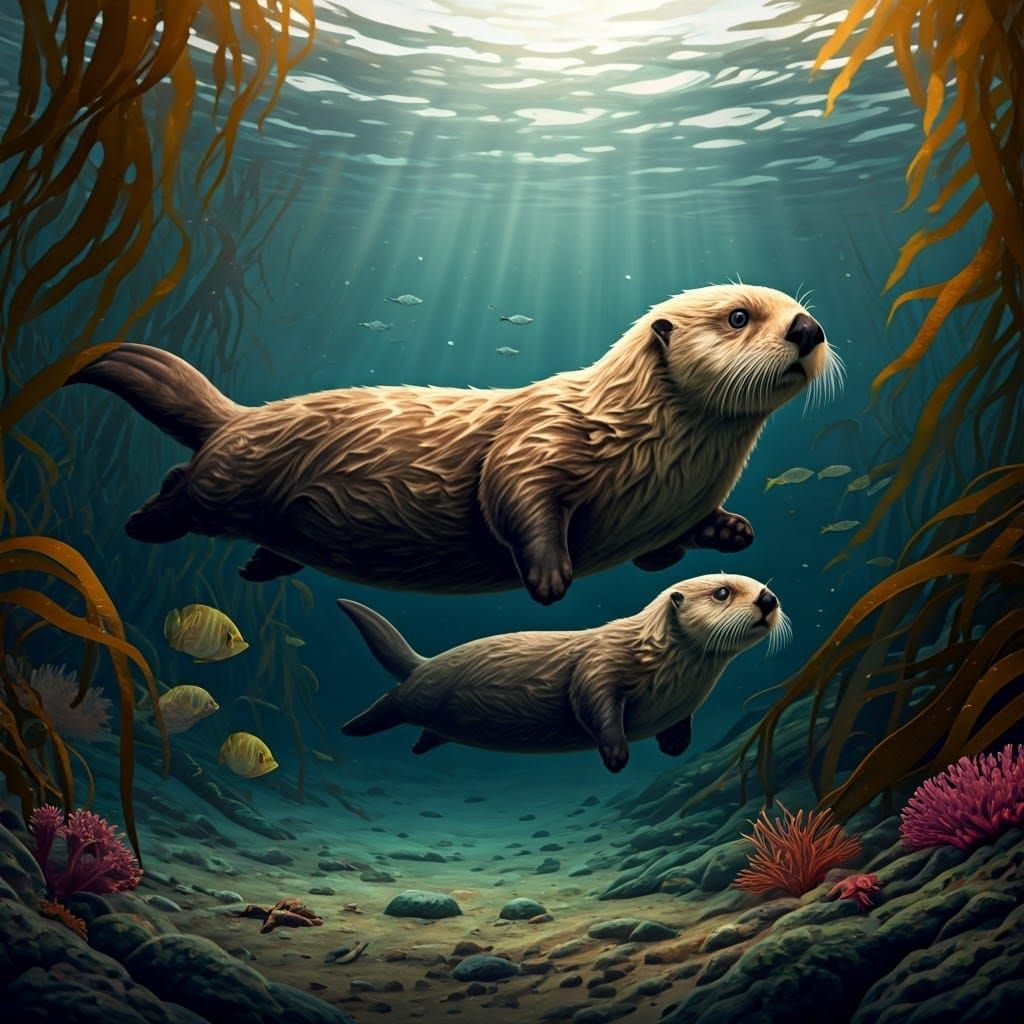 Mother Sea Otter and Cub in Kelp Forest, Realistic Underwate...