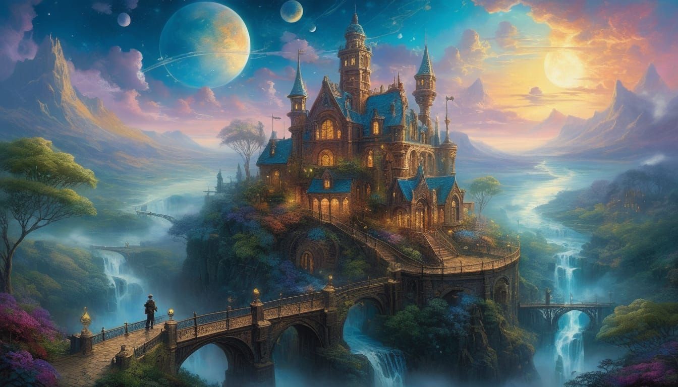 Celestial Clockwork Castle in a Swirling Nebula