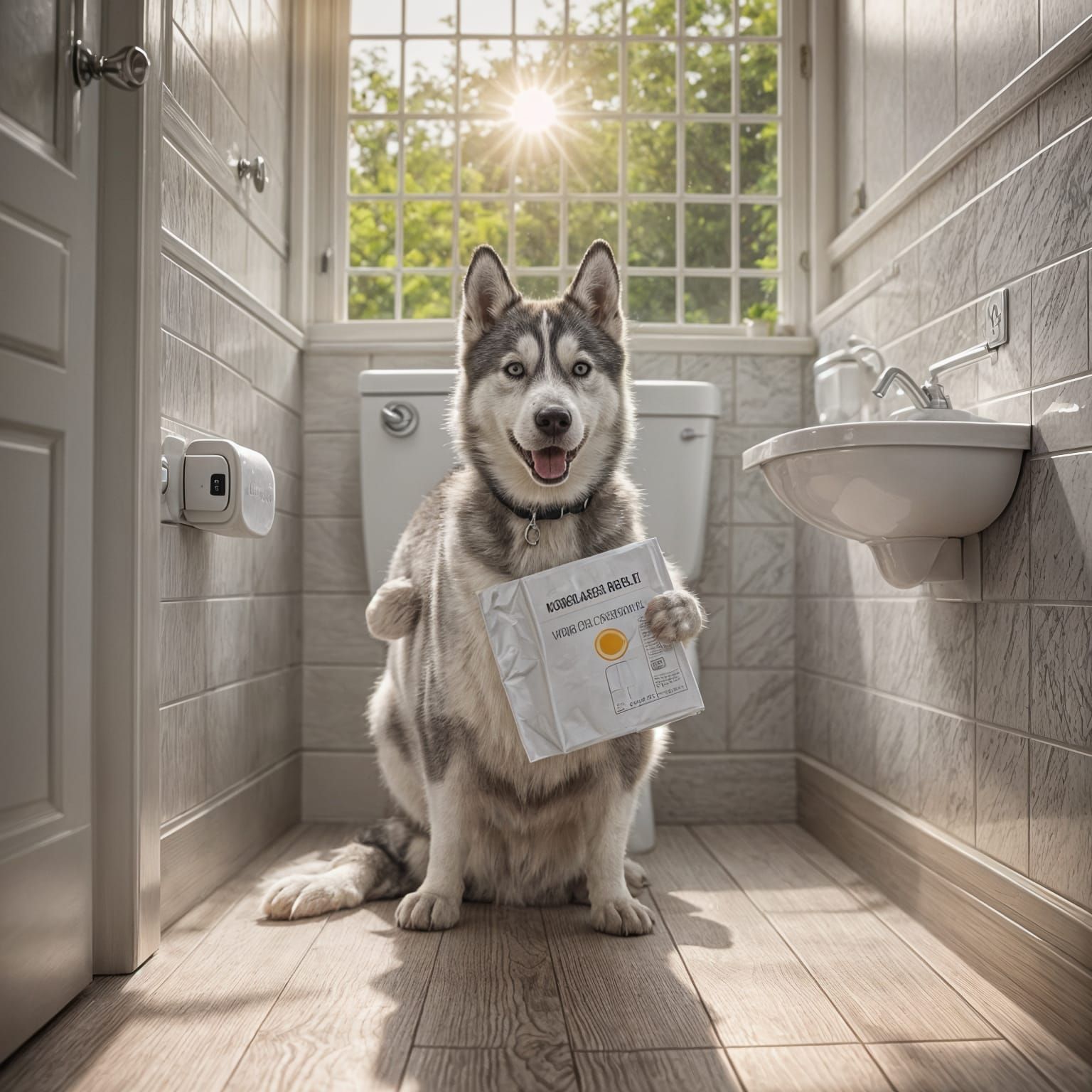Pregnant Husky on Toilet: Natural Light Photography