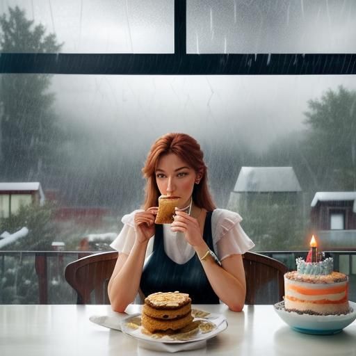 Woman Celebrates with Cookie Cake During Storm