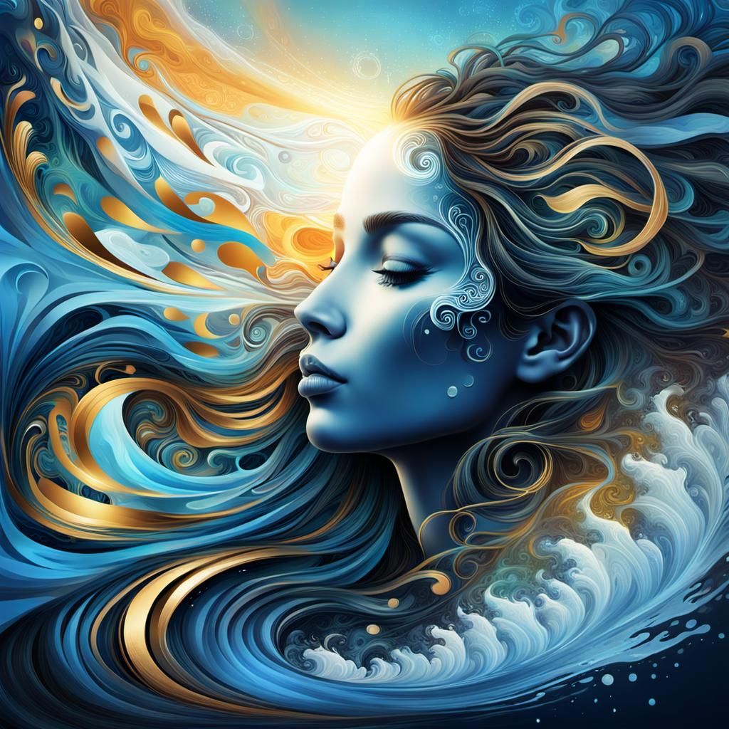 Vibrant Woman with Flowing Water Hair in Zentangle Art