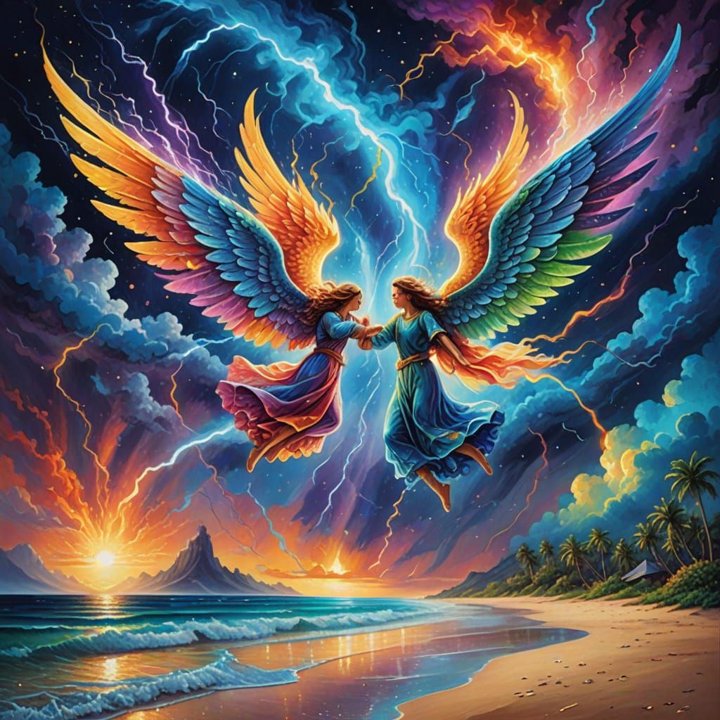Angels Dancing in Vibrant Cosmic Landscape