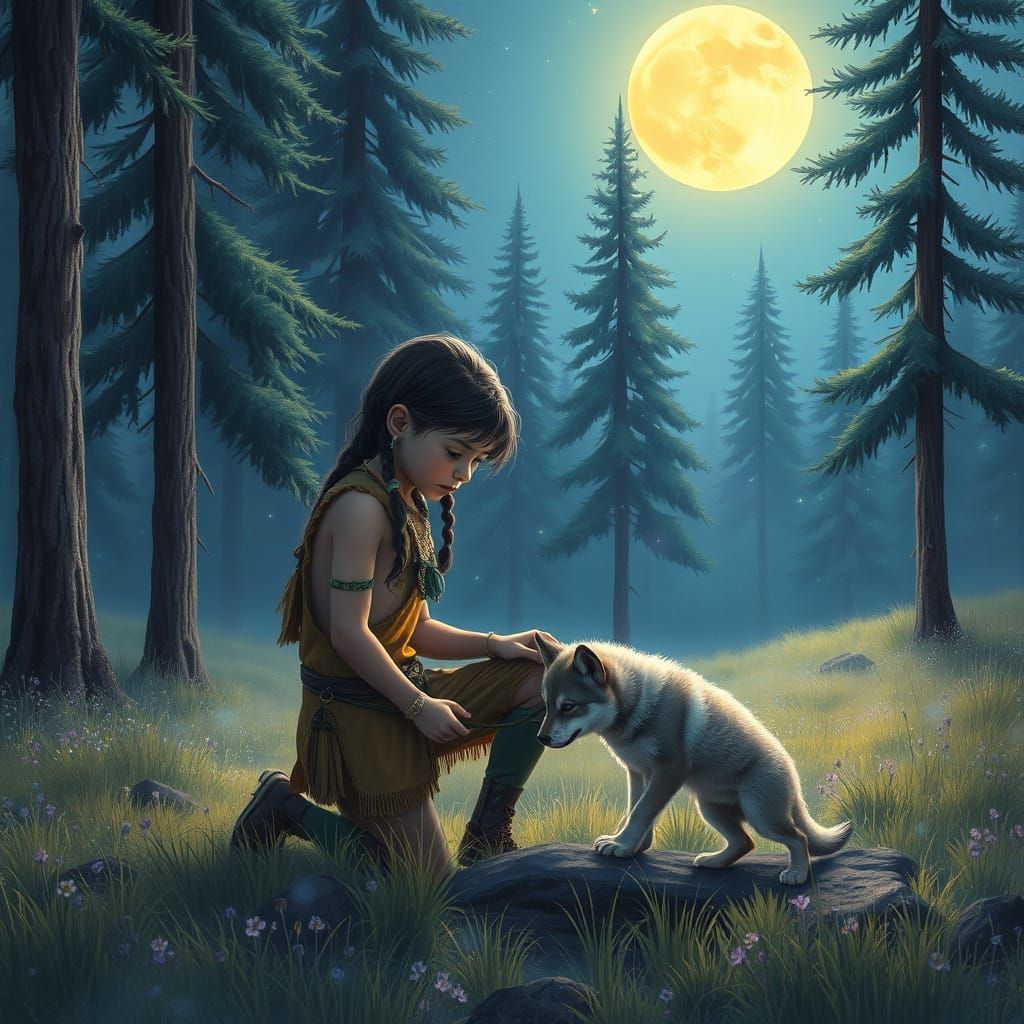 Native American Boy Teaching Wolf Pup Under Moonlight